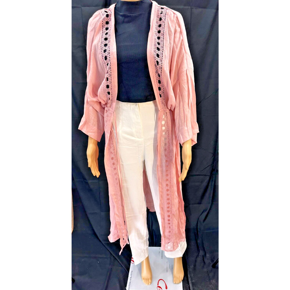 Long kimono cardigan, Pink and Dark, 3/4 sleeve, lace, and elastic at the waist